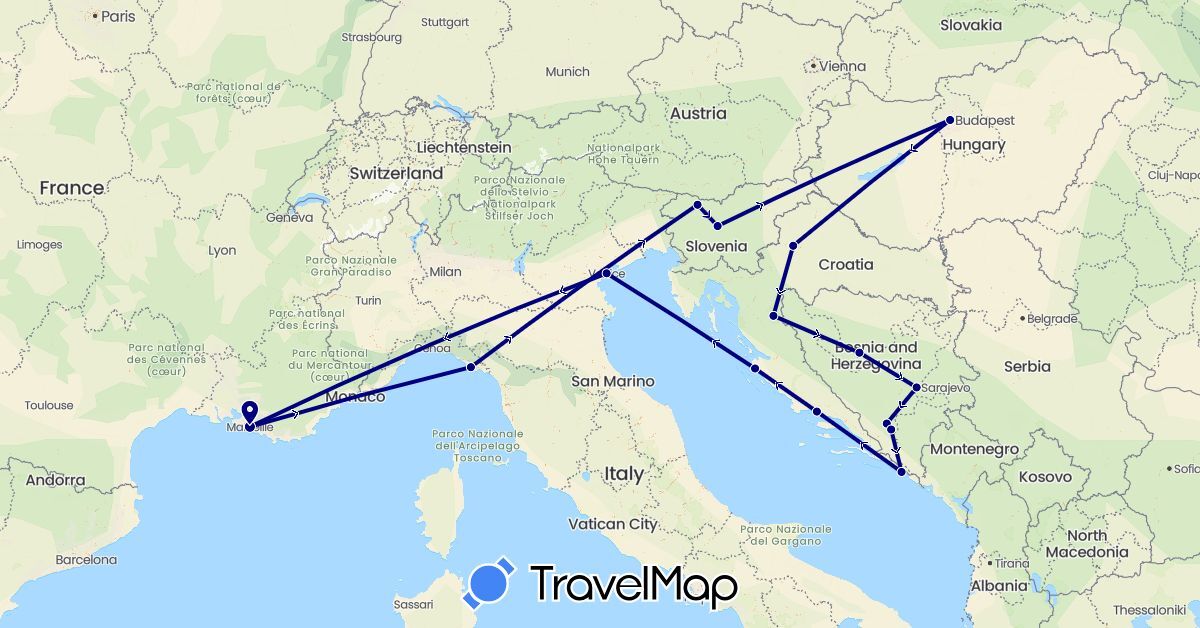 TravelMap itinerary: driving in Bosnia and Herzegovina, France, Croatia, Hungary, Italy, Slovenia (Europe)